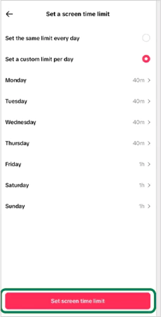 Choose between the set a same time limit every day or set custom time limit per day options