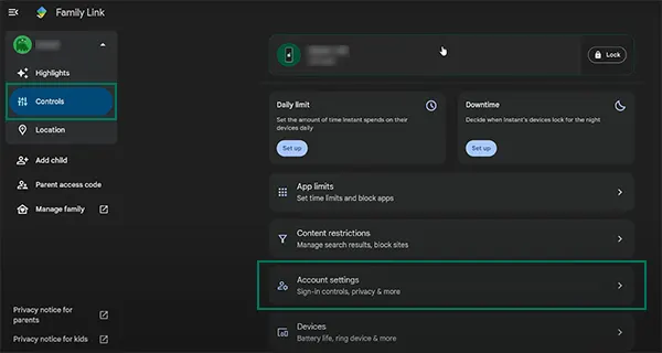 Select Account Settings under Controls