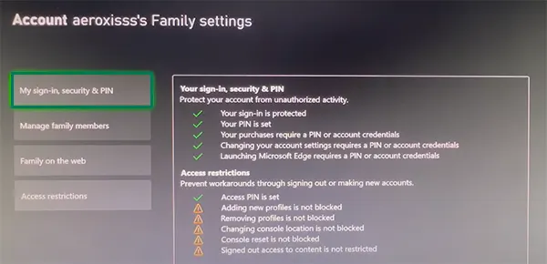 Select my sign-in, security & PIN