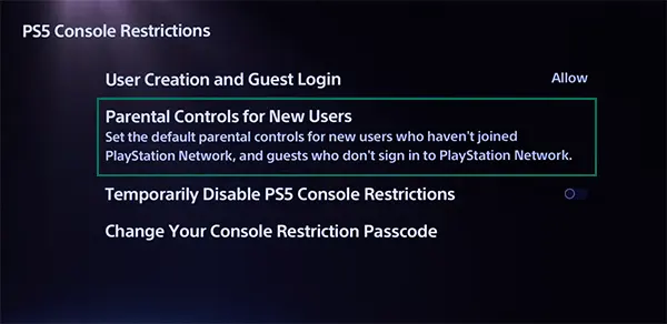 Select parental controls for new users