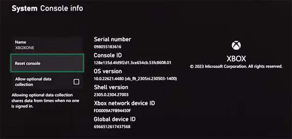Select reset console