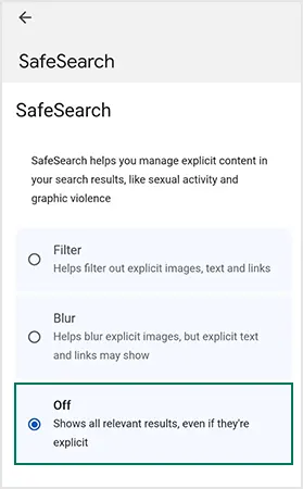 Switch the SafeSearch to Off