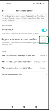 Tap on Suggest your Teens account to others toggle