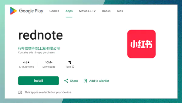 RedNote app on the Google Play Store