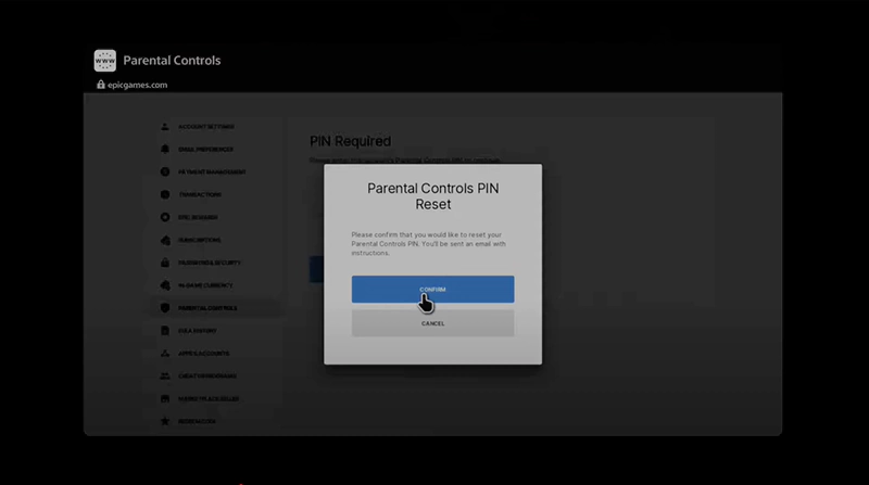 Fortnite parental control PIN reset confirmationss