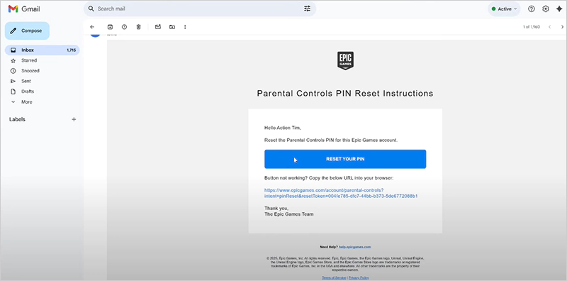 Fortnite parental control reset PIN email