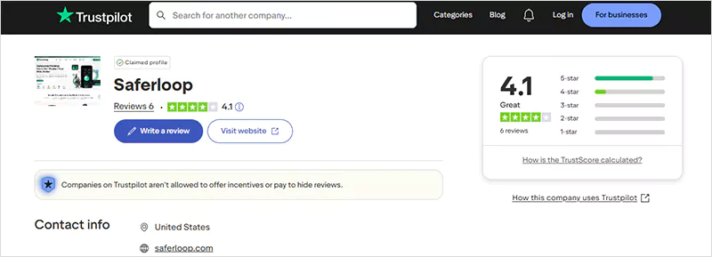 Saferloop review on Trustpilot