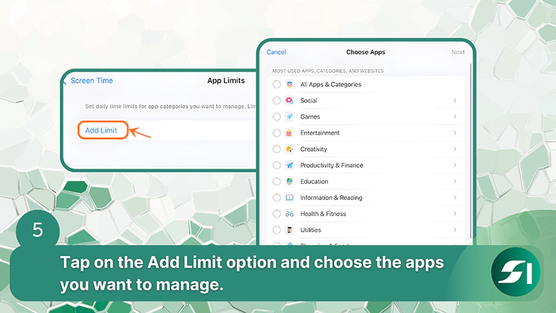 Tap on the Add Limit option and choose the apps you want to manage
