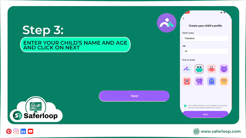 Enter your childs name and age and click on Next