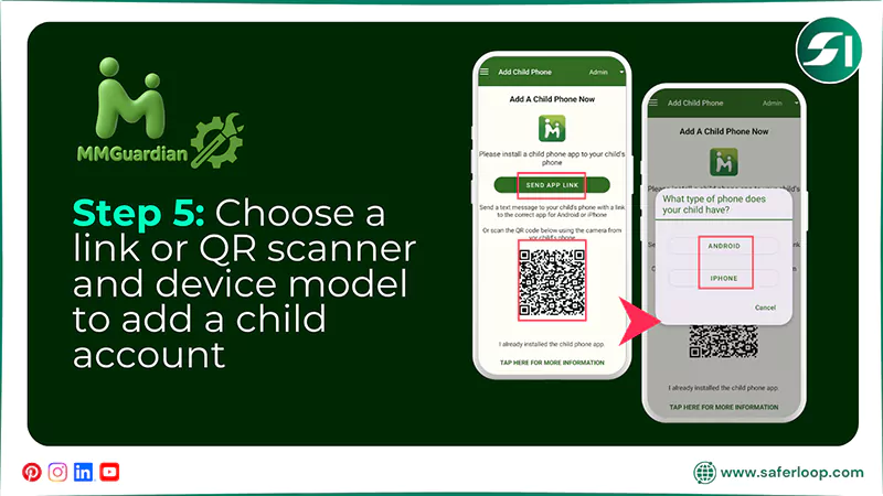 Choose a link or QR scanner and device model to add a child account