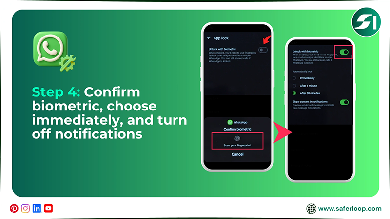 Confirm biometric, choose immediately, and turn off notifications