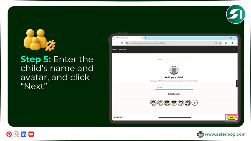 Enter the childs name and avatar and click Next
