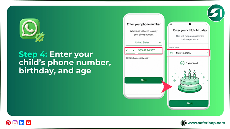 Enter your child’s phone number, birthday, and age