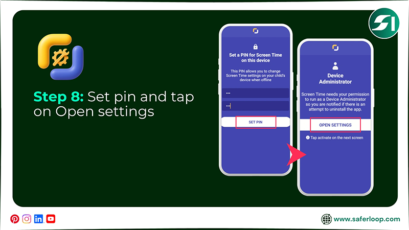 Set pin and tap on Open settings