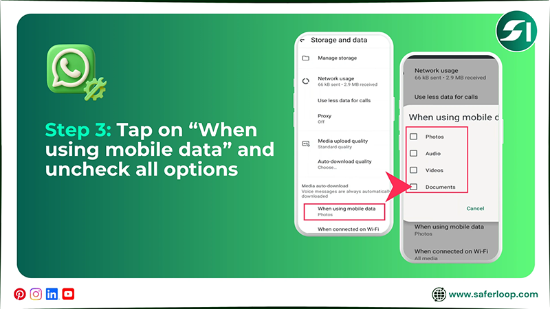 Tap on “When using mobile data” and uncheck all options