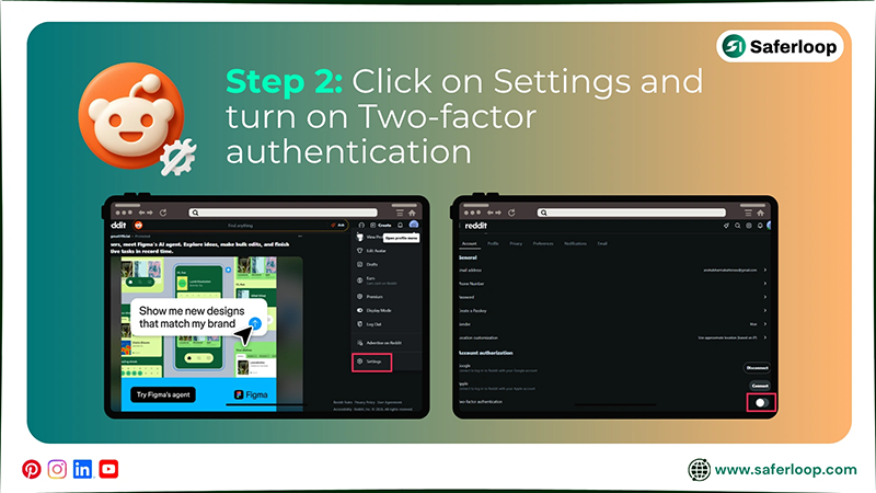 Click on Settings and turn on Two factor authentication
