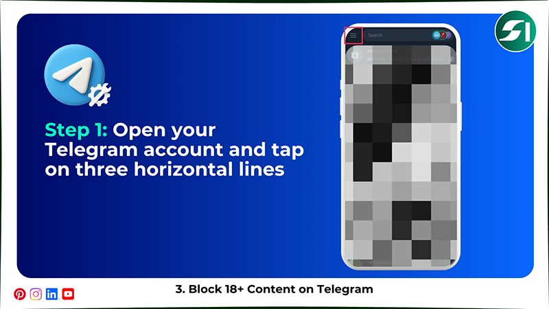 Open your Telegram account and tap on three horizontal lines