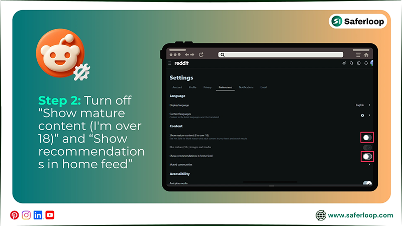 Turn off “Show mature content (I_m over 18)” and “Show recommendations in home feed”
