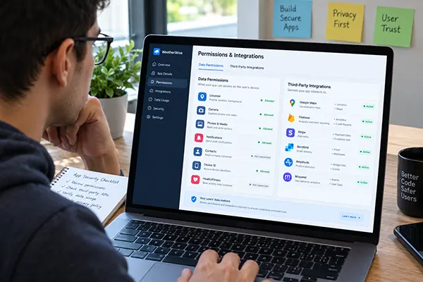 Developer reviewing an app's data permissions and third-party integrations on a laptop screen.