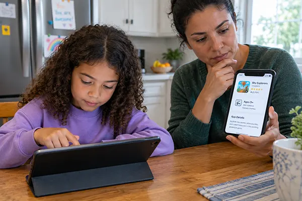 A child using a tablet at a kitchen table while a parent checks an app's age rating on a phone beside them.