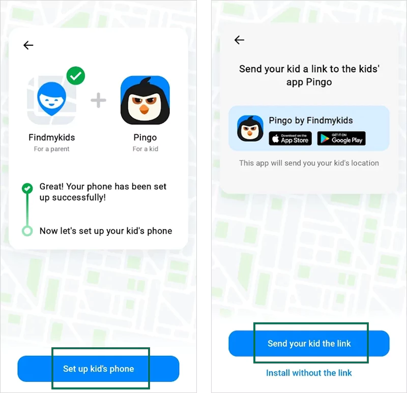 Click on Set up kid’s phone and Send your kid the link