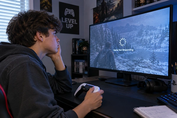  Teenager at a desk with a game controller, looking at a frozen screen
