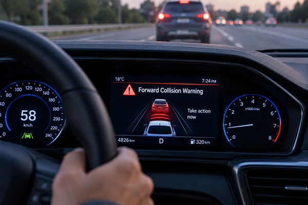 Dashboard display showing a forward collision warning alert