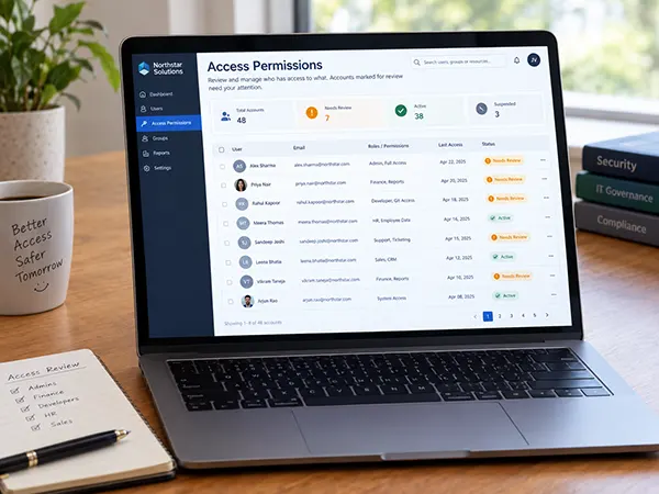 Access permissions list on screen with several accounts marked for review