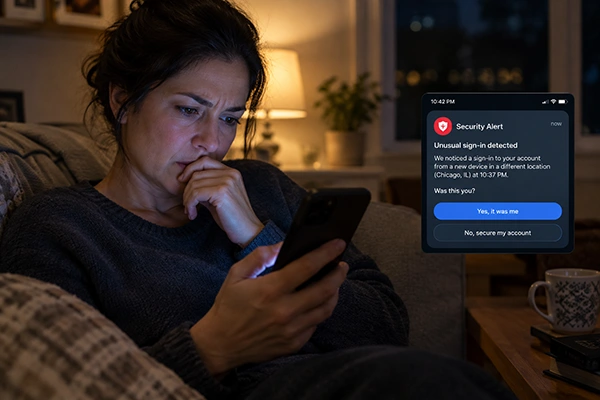 Parent reading a security alert on a phone late in the evening at home