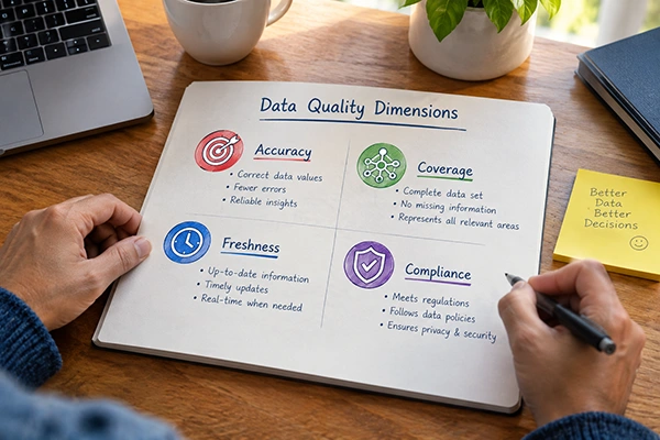 Diagram showing four data quality dimensions: accuracy, coverage, freshness, compliance