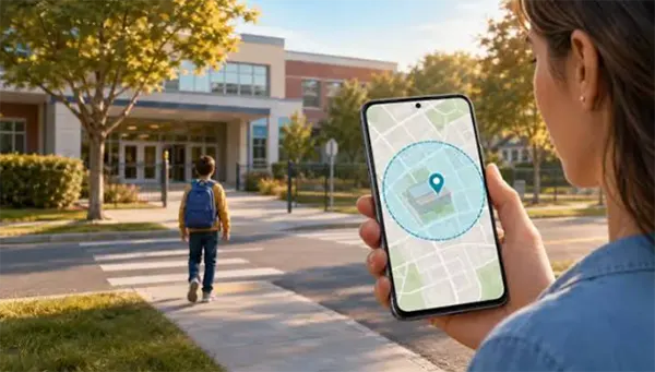 Parent looking at a phone map showing a circular geofence boundary around a school