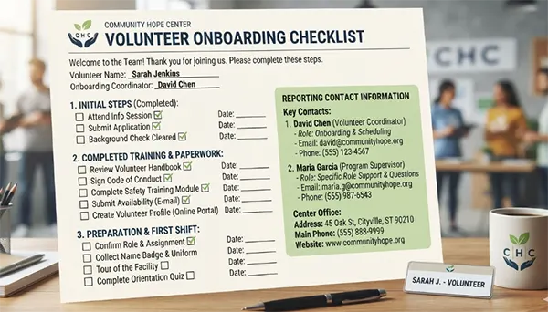 Volunteer onboarding checklist with reporting contact information listed