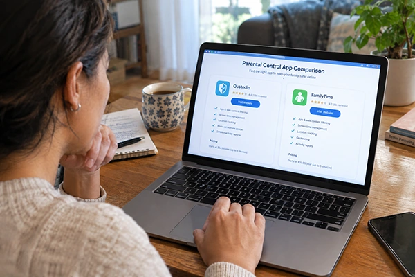Parent comparing two parental control apps side by side on a laptop screen