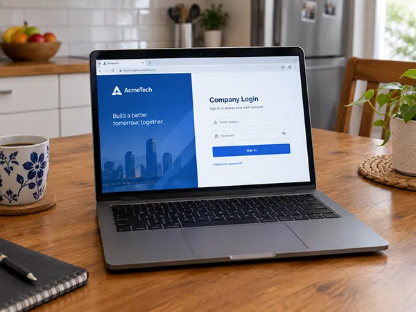 Laptop open on a kitchen table with a company login screen showing