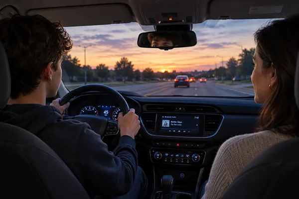 Teenage driver at the wheel at dusk with a parent in the passenger seat