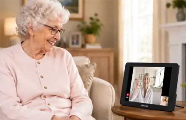 Adult child video calling an older parent on a tablet at the kitchen table