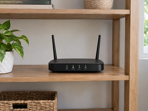 Home router sitting on an open shelf away from walls and other electronics
