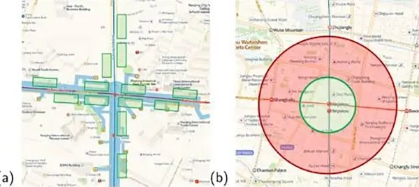 Two map circles compared, a tight 50-meter fence beside a 200-meter one over the same street