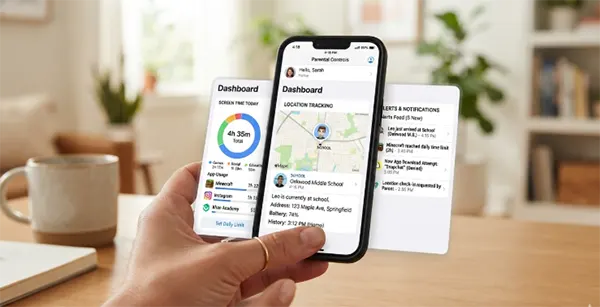 A parent's phone showing a parental control dashboard with screen time, location and alert panels side by side