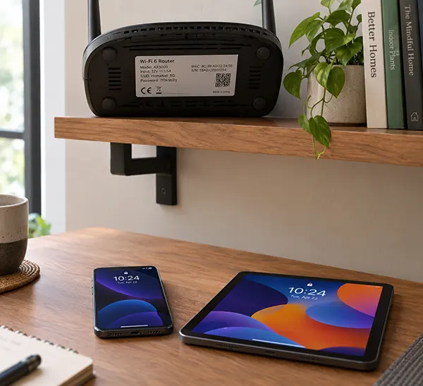 A home router on a shelf with its underside label visible, a phone and a tablet on the table beside it