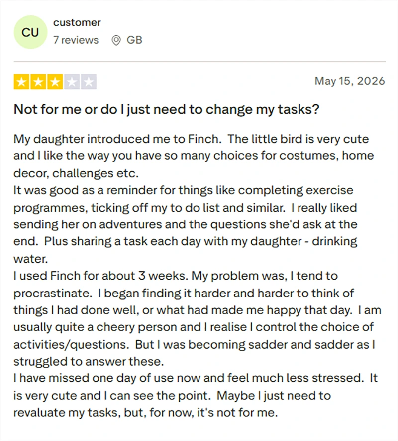 Finch app review on Trustpilot