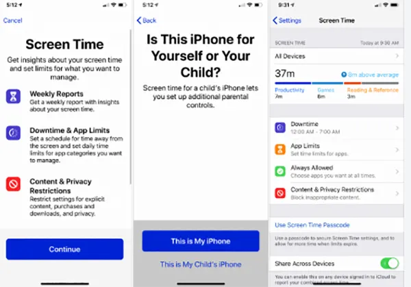 Screenshot-style view of a screen time settings panel showing a daily limit, a bedtime window, and a school-hours schedule