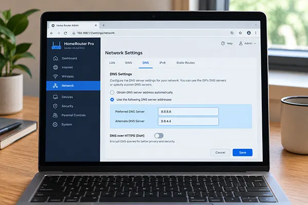 A router admin settings page open in a browser with the DNS server fields highlighted