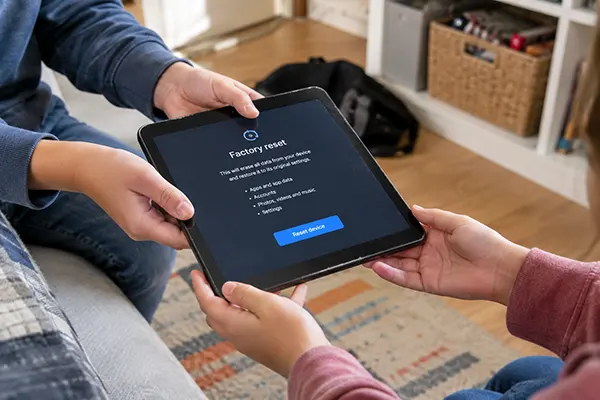 An older tablet being handed from one child to another, a factory reset screen showing on the display