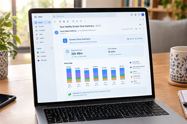 A weekly screen time summary email open on a laptop, showing daily usage bars across one week