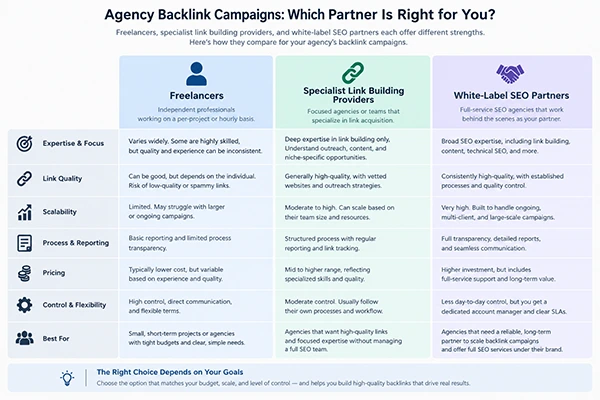 Comparison of freelancers, specialist link building providers, and white-label SEO partners for agency backlink campaigns