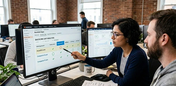 SEO agency team reviewing backlink prospects, outreach progress, and campaign reports to plan outsourced link building support