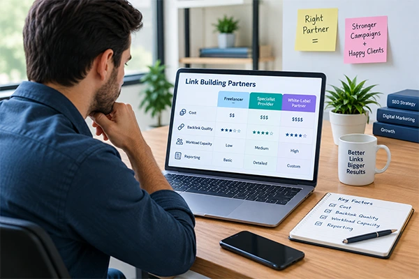 SEO specialist answering common questions about white-label link building, backlink quality, outsourcing costs, and agency workflows